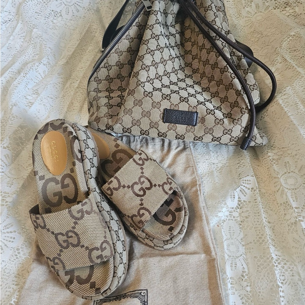 Gucci Beige and Brown Monogram Bag and Slides